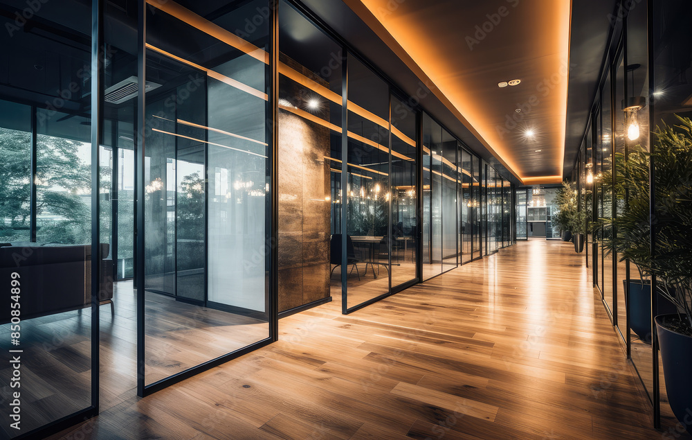 Sleek Modern Office Corridor with Ambient Lighting Sleek Modern Office Corridor with Ambient Lighting
