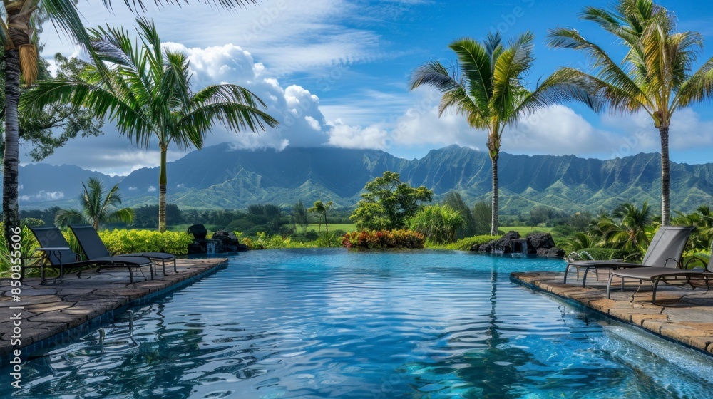 Obraz premium beautiful paradise pool with palm trees and mountains in the background