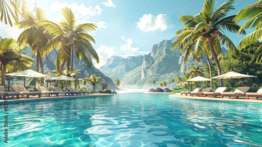Obraz premium beautiful paradise pool with palm trees and mountains in the background