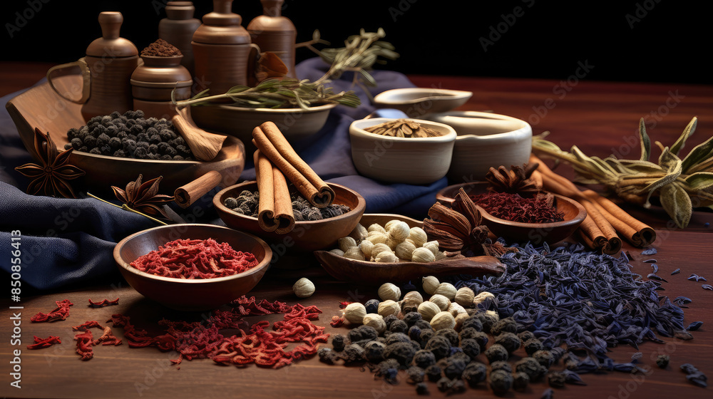 Assorted Spices on Rustic Wooden Table Assorted Spices on Rustic Wooden Table