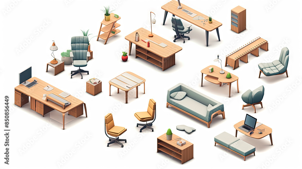 Set of isometric office furniture with desk and chair icons. Set of isometric office furniture with desk and chair icons.