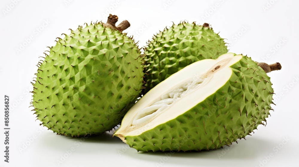 Closeup image of a green soursop fruit cut in half showing its on white background Closeup image of a green soursop fruit cut in half showing its on white background