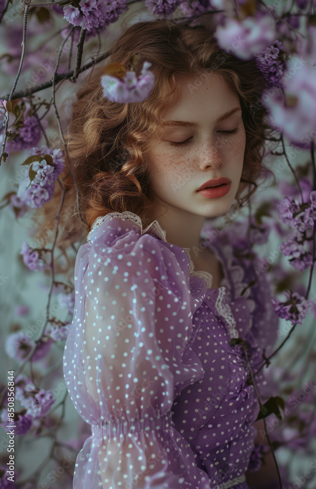 Young woman with closed eyes surrounded by purple flowers, in a dreamy, ethereal style Young woman with closed eyes surrounded by purple flowers, in a dreamy, ethereal style