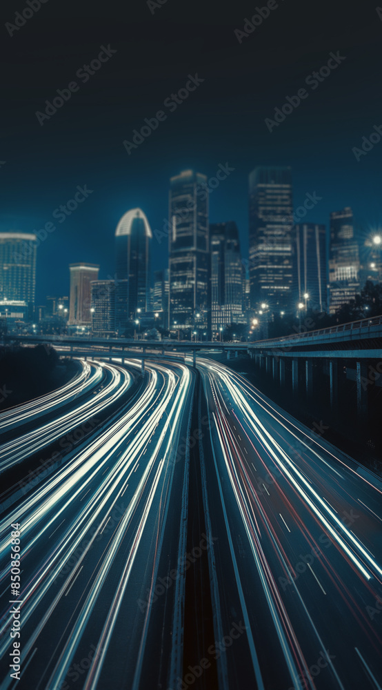 Fototapeta premium Modern city street with fast-moving cars and bright headlights. Light trails painting the night, leading to a futuristic skyline full of energy and motion.