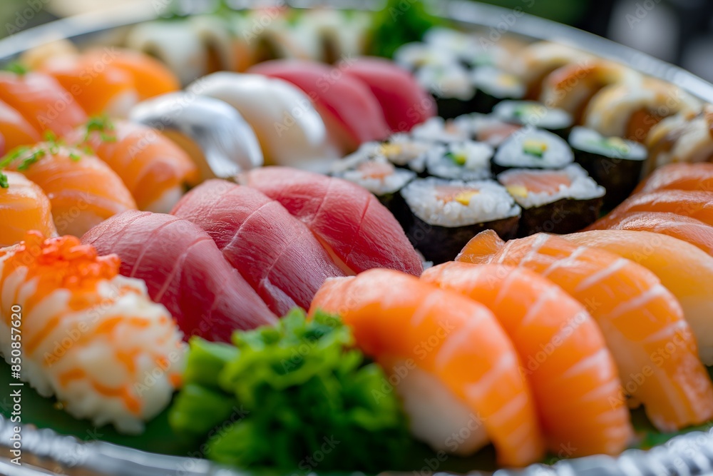 Close-Up Of A Vibrant Sushi Platter Featuring Various Types Of Nigiri And Sashimi In Food Restaurant Interior, Food Photography, Food Menu Style Photo Image Close-Up Of A Vibrant Sushi Platter Featuring Various Types Of Nigiri And Sashimi In Food Restaurant Interior, Food Photography, Food Menu Style Photo Image