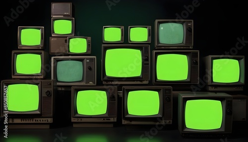 A stack of old CRT televisions with green screens, against a dark background