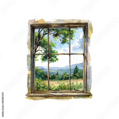 window with nature view vector illustration in watercolor style