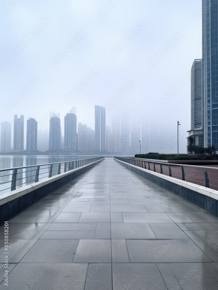 Foggy Urban Riverside Pathway at Dawn Foggy Urban Riverside Pathway at Dawn