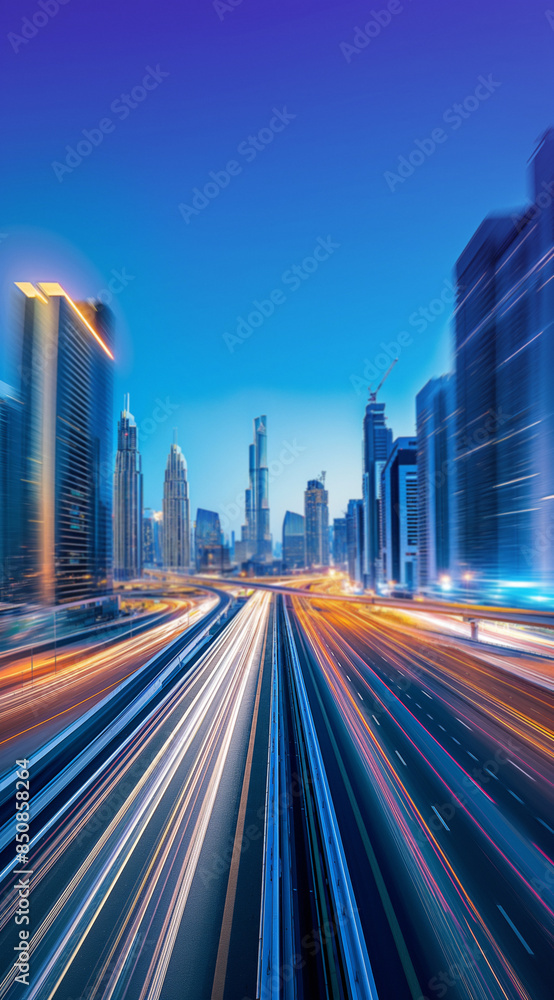 Obraz premium Busy freeway at night with headlights illuminating the road. Light trails from speeding cars leading to a futuristic city skyline, highlighting the energy and motion of urban life.