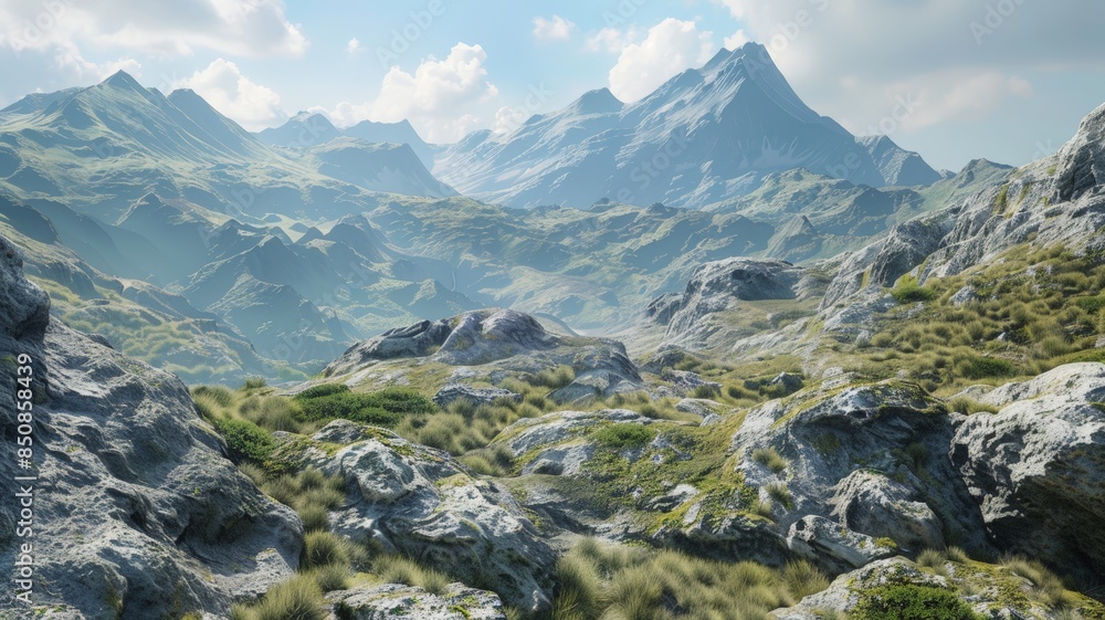 A stunning view of highland peaks and rocky slopes under a bright, clear sky. A stunning view of highland peaks and rocky slopes under a bright, clear sky.
