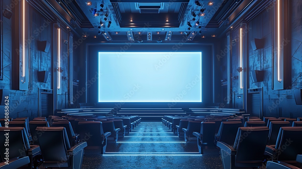 Blue Cinema Hall with White Blank Screen and Empty Seats Blue Cinema Hall with White Blank Screen and Empty Seats