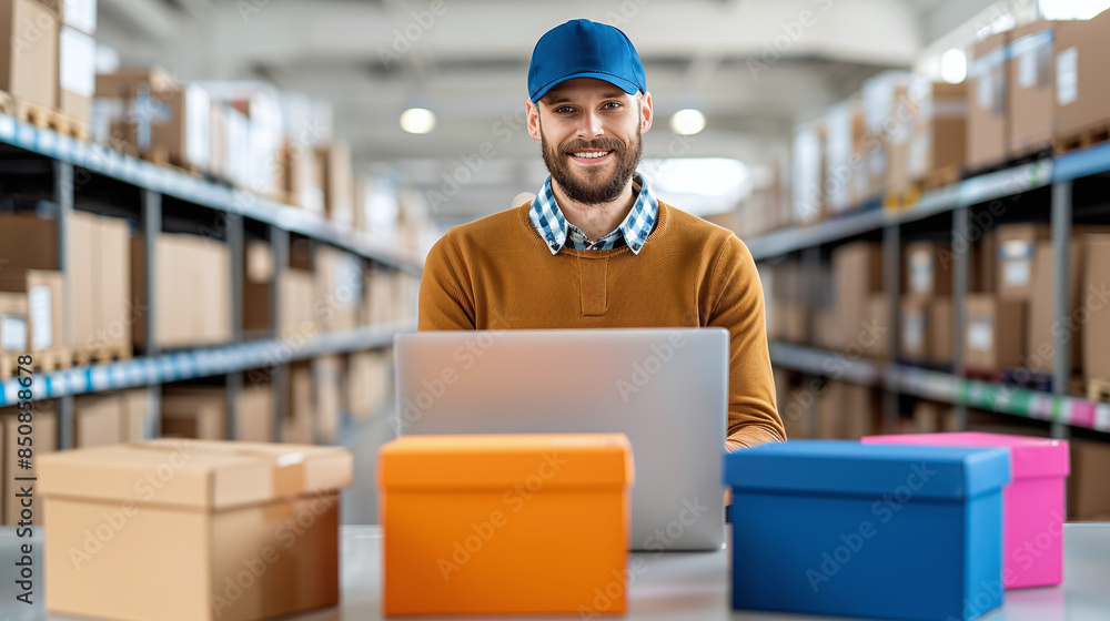 young male entrepreneur preparing e-commerce packages for shipping at a warehouse young male entrepreneur preparing e-commerce packages for shipping at a warehouse