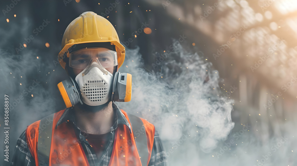 Professional construction worker wearing a highgrade dust mask, surrounded by lot of floating particles of glass wool dust in a construction site Professional construction worker wearing a highgrade dust mask, surrounded by lot of floating particles of glass wool dust in a construction site