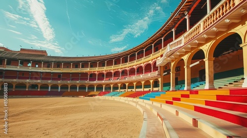 empty spanish bullring arena with sandy ground and colorful seating traditional performance venue