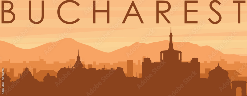 Brown panoramic poster of the city skyline with misty background buildings, sunrise, clouds and mountains of BUCHAREST, ROMANIA Brown panoramic poster of the city skyline with misty background buildings, sunrise, clouds and mountains of BUCHAREST, ROMANIA