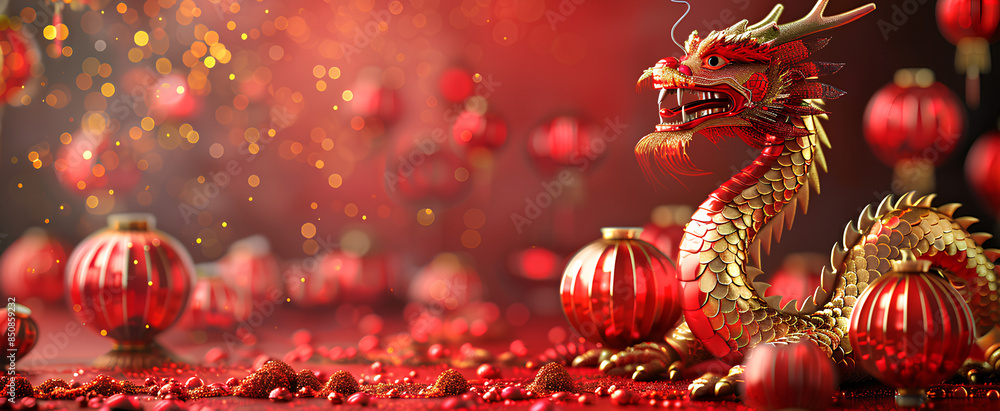 Obraz premium Happy Chinese New Year. 2025 is the year of the snake. Vector illustration of red Chinese lanterns, shiny red and gold sequins, 3d dragon for poster, background or greeting card