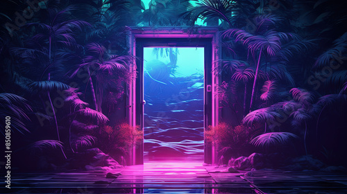 Fototapeta Naklejka Na Ścianę i Meble -  Mysterious door or portal with neon light in the jungle in synthwave style.