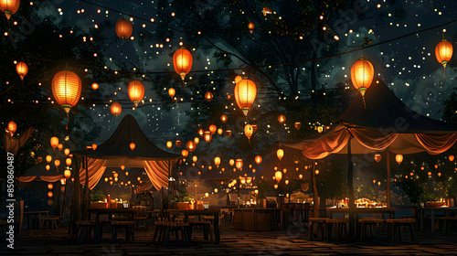 Market Tent and Lanterns Illustration: A Photo Realistic Design Concept with Ample Space for Text and Graphics Perfect for Night Market Themes and Street Food Culture