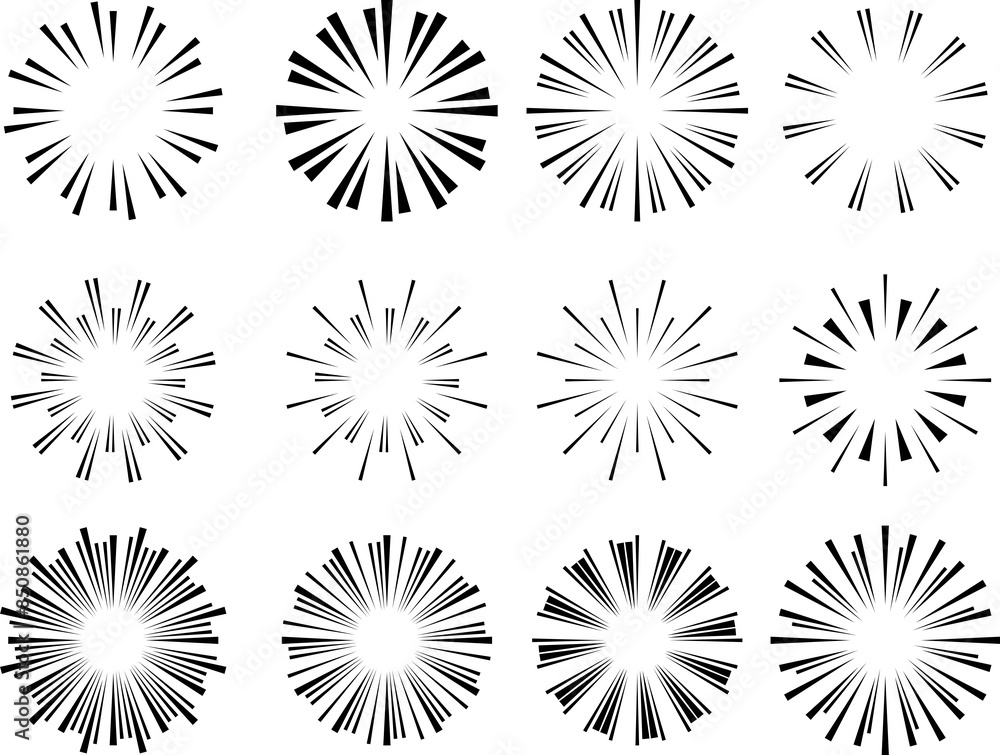 Fototapeta premium Set of light rays, sunburst and rays of sun. Design elements, linear drawing, vintage hipster style. Light rays sunburst, arrow, ribbon Vector Illustration
