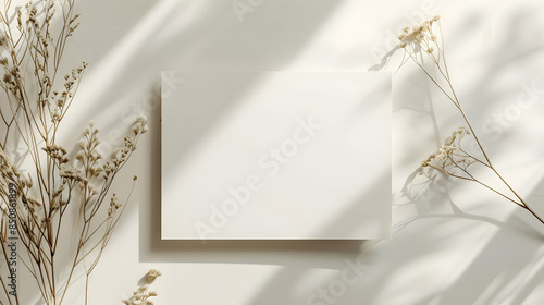 Aesthetic boho background, blank paper card mockup with copy space, minimal neutral business, brand template