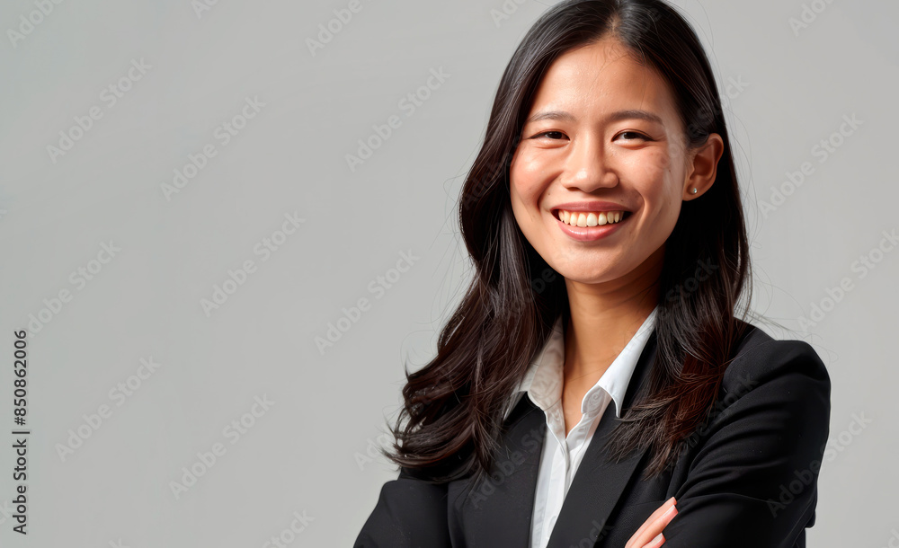 Portrait of smiling asian businesswoman in business suit on gray background. Copy space. Portrait of smiling asian businesswoman in business suit on gray background. Copy space.