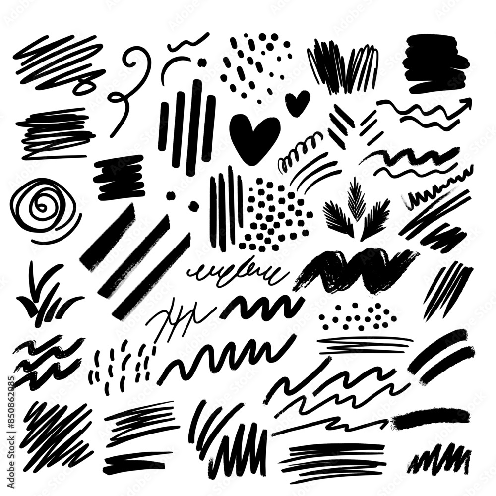 collection of black brush strokes, doodles, and abstract shapes on a white background. Design includes lines, dots, swirls, hearts, hand-drawn elements, for creative projects and graphic design collection of black brush strokes, doodles, and abstract shapes on a white background. Design includes lines, dots, swirls, hearts, hand-drawn elements, for creative projects and graphic design