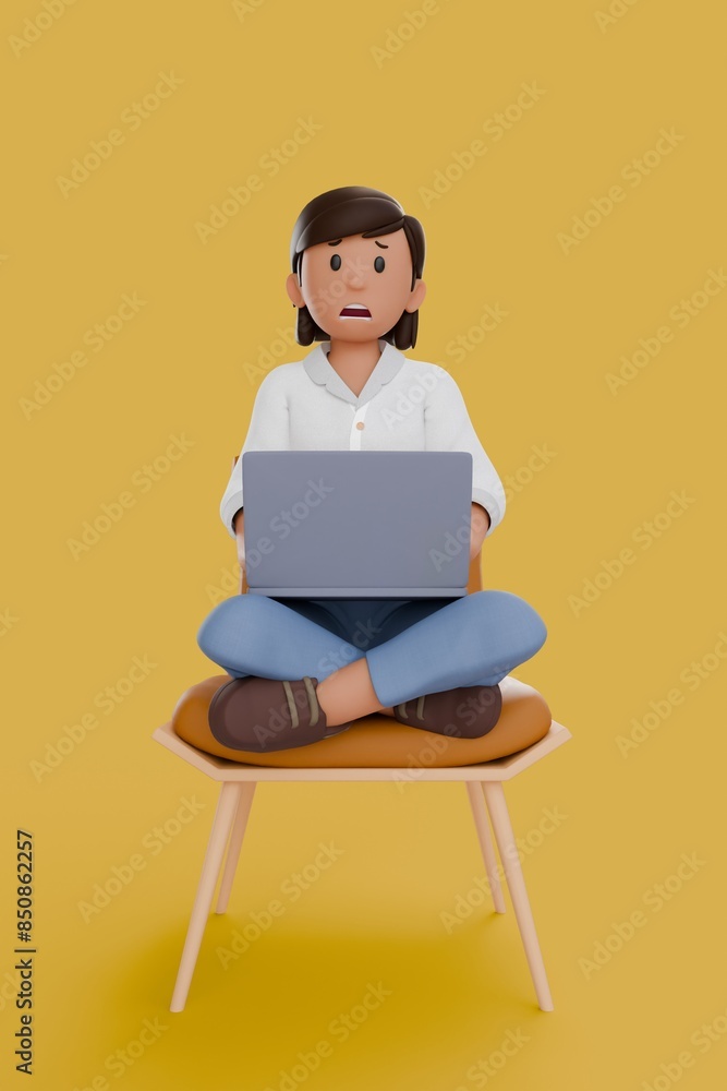 3D illustration of woman sad while working on laptop while 3D illustration of woman sad while working on laptop while