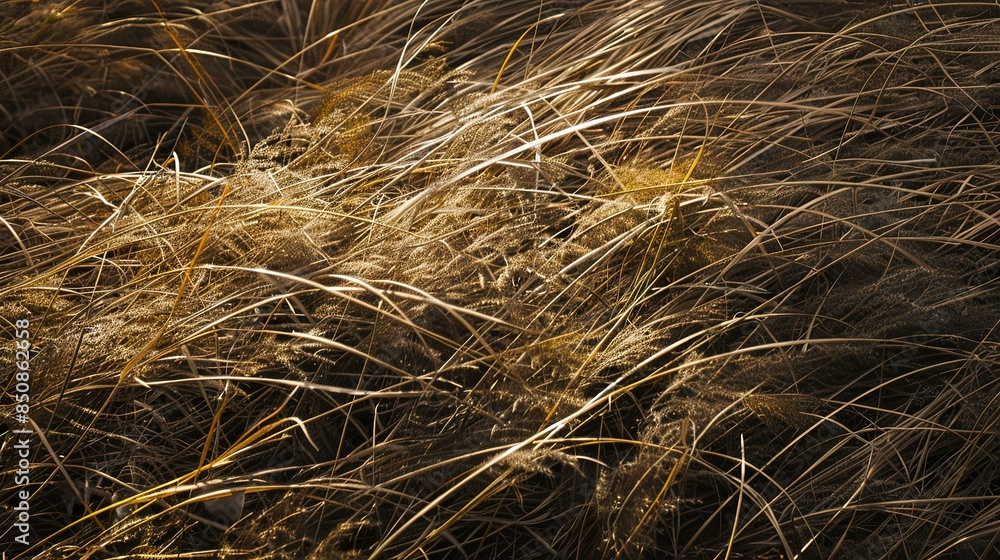 Close-up of dry, yellowing grass, soft ambient light, brittle and textured with earthy tones. Close-up of dry, yellowing grass, soft ambient light, brittle and textured with earthy tones.