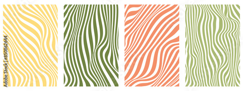 Abstract backgrounds with a rainbow wavy design in a retro 1970s hippie style. Twisted and distorted vector texture in trendy retro psychedelic style.