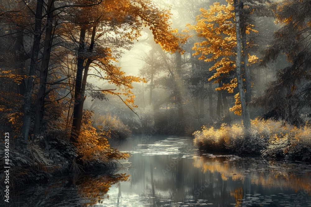 Serene misty river flowing through an autumn forest with golden foliage and tranquil ambiance Serene misty river flowing through an autumn forest with golden foliage and tranquil ambiance