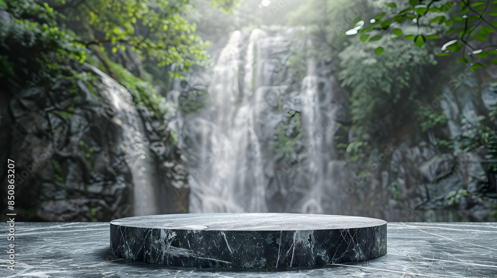 Empty marble platform on the background of waterfall Empty marble platform on the background of waterfall
