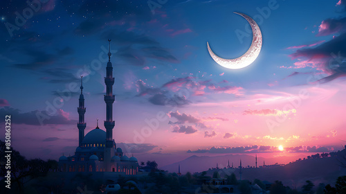 Islamic Events Promotion: Photo Realistic Minaret and Crescent Icon with Copy Space for Religious Ads