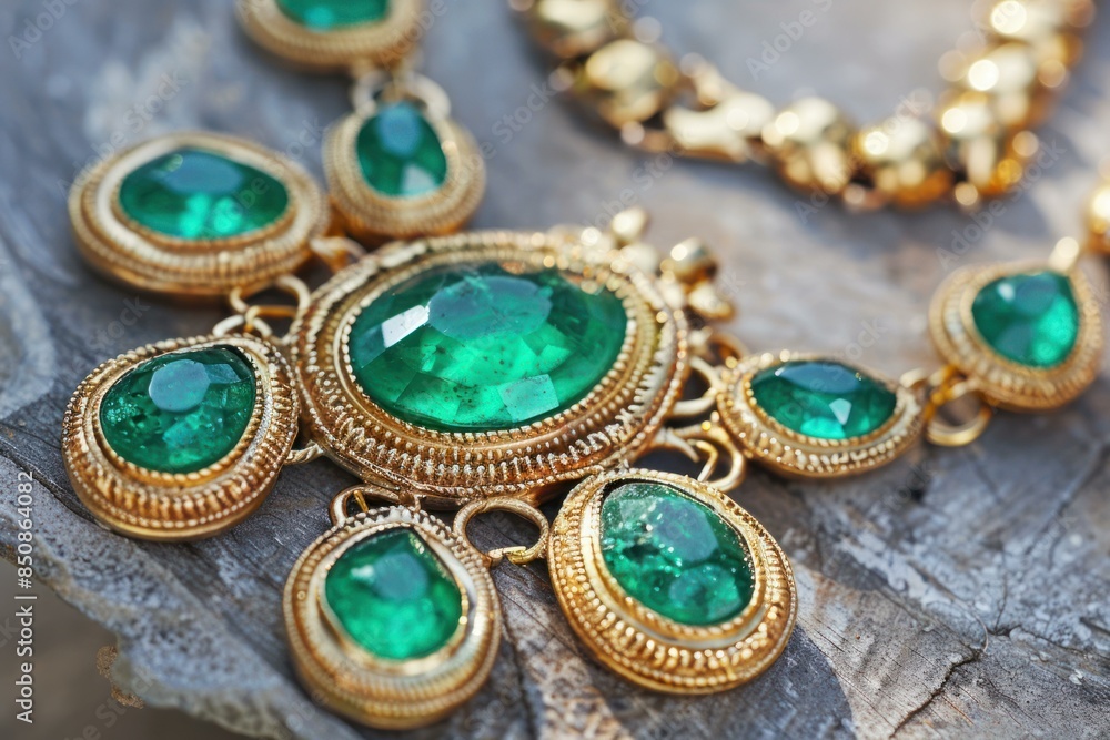 Closeup of a golden necklace with emerald gems on a textured wooden background Closeup of a golden necklace with emerald gems on a textured wooden background