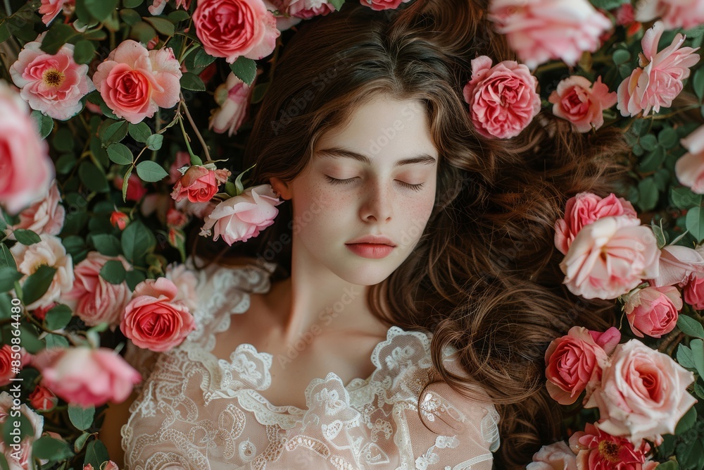 Woman Sleeping on a Bed of Roses Woman Sleeping on a Bed of Roses