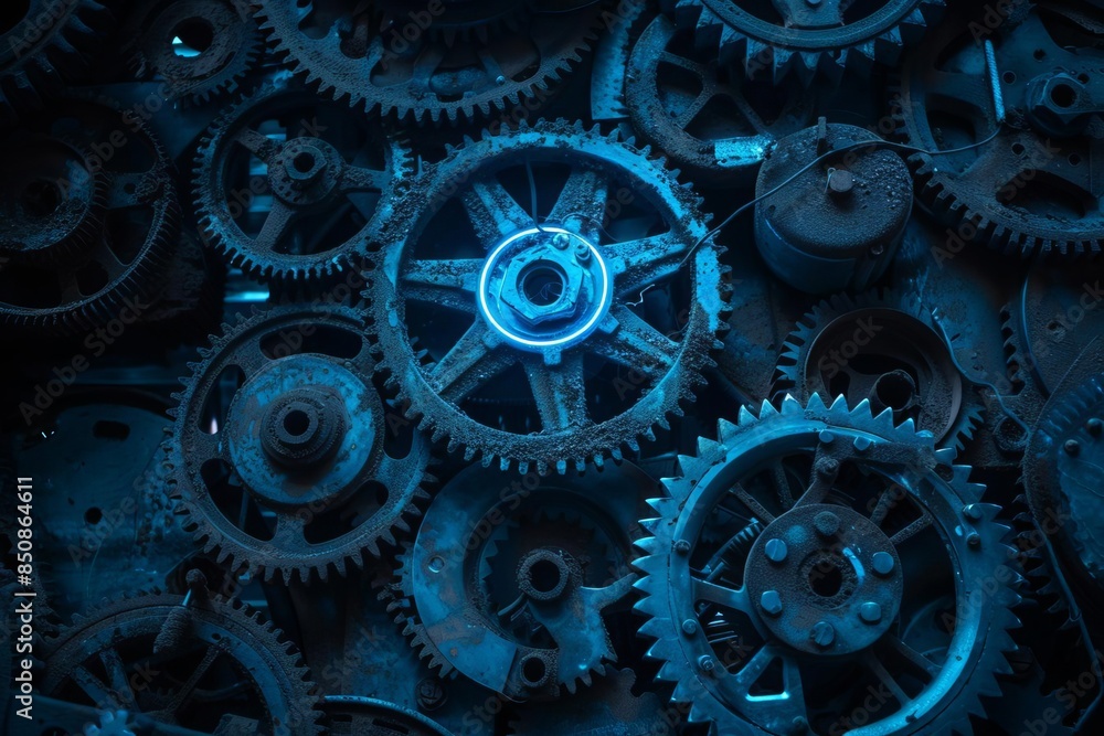 Close-up of blue-toned interlocking gears, symbolizing industry and mechanics. Close-up of blue-toned interlocking gears, symbolizing industry and mechanics.