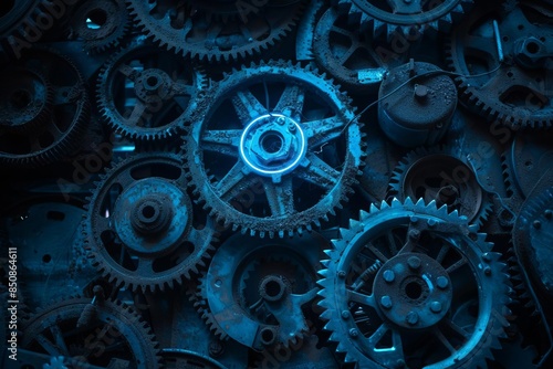 Wallpaper Mural Close-up of blue-toned interlocking gears, symbolizing industry and mechanics. Torontodigital.ca