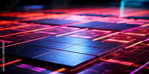 Silicon wafer illuminated under bright light at semiconductor foundry during chip manufacturing. Concept Semiconductor Manufacturing, Silicon Wafers, Bright Light, Chip Production, Foundry Operations photo
