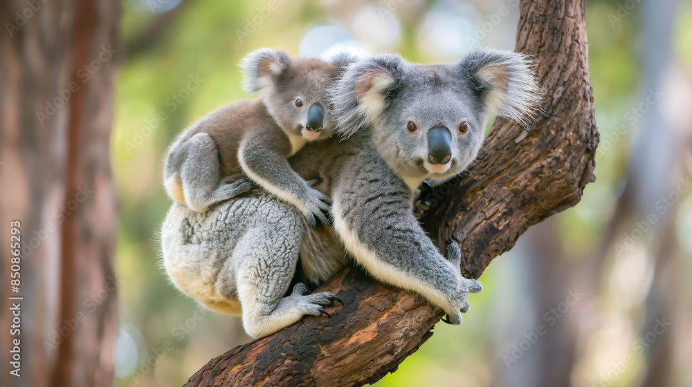 Fototapeta premium Koala, phascolarctos cinereus, Koala carrying a little koala on its back on a tree, staring forward