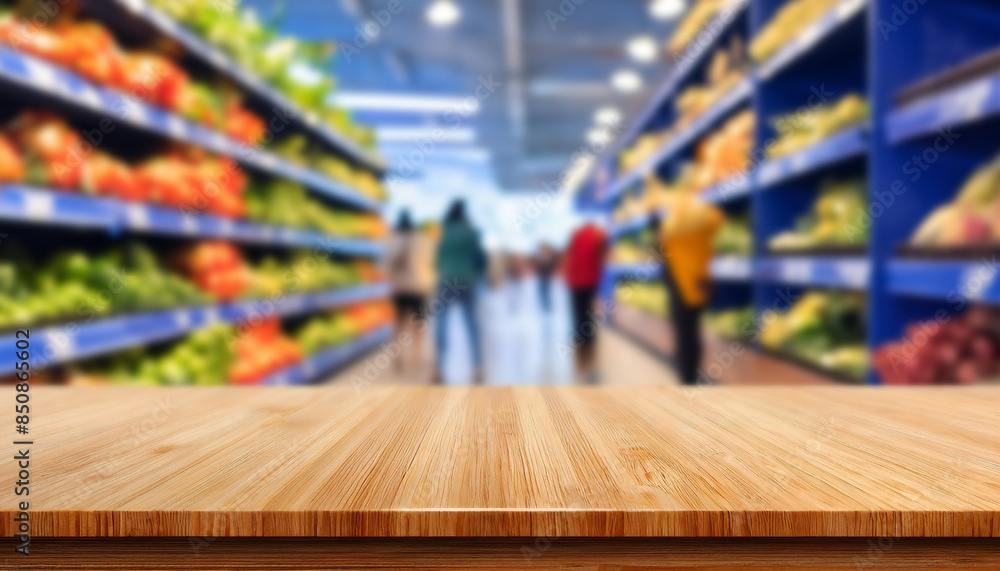 empty wooden table with a blurry grocery supermarket background in a shopping mall background empty wooden table with a blurry grocery supermarket background in a shopping mall background