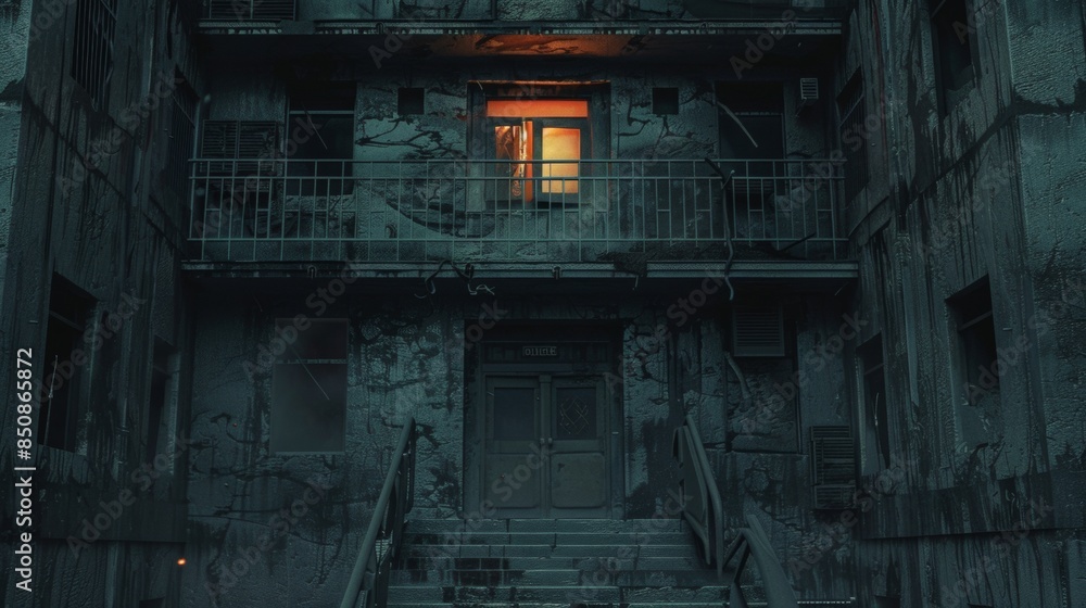 Dark mystery old brutalist building background, night, style 3D. Dark mystery old brutalist building background, night, style 3D.