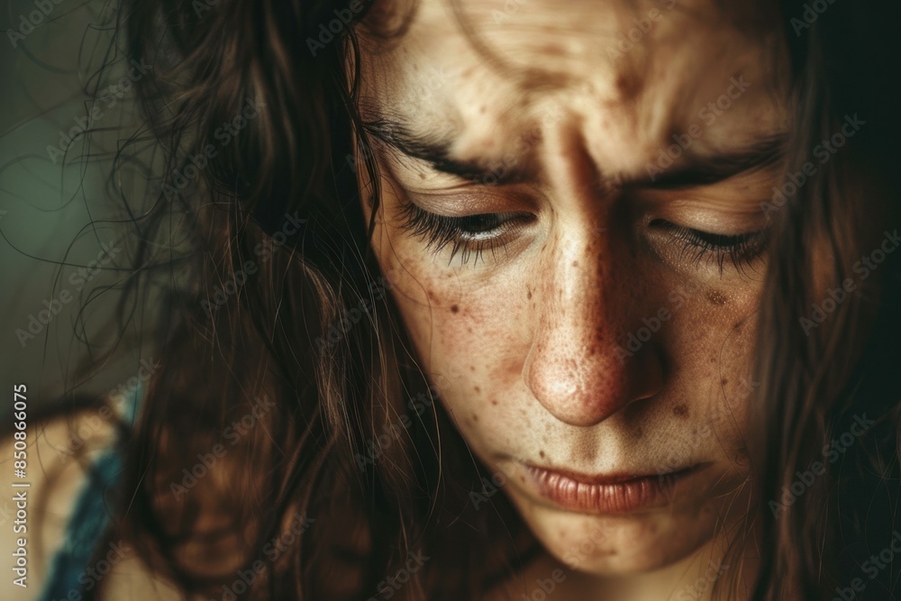 Intense closeup of a young woman with a troubled expression, showcasing emotions of distress or sadness Intense closeup of a young woman with a troubled expression, showcasing emotions of distress or sadness