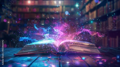 open book in half in a library and purple and blue colors come out of it