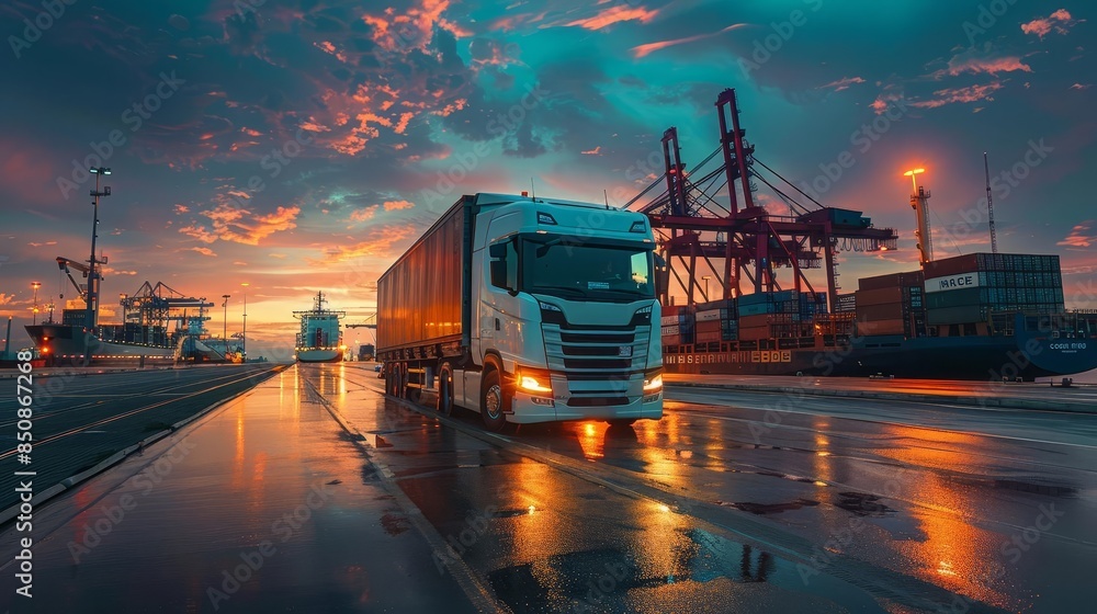 A white semi-trailer truck driving on a wet road at a harbor, with cargo ships in the background at sunset. A white semi-trailer truck driving on a wet road at a harbor, with cargo ships in the background at sunset.