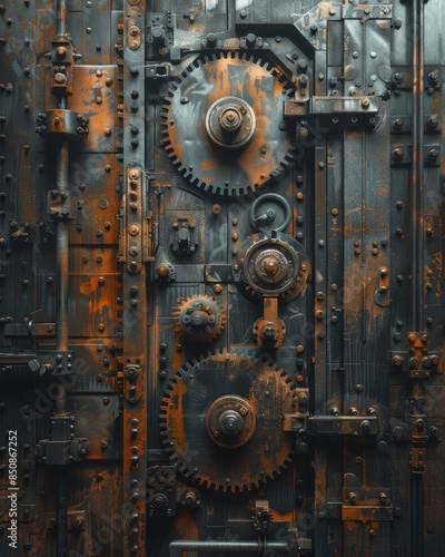 Rusty metal door with intricate gear mechanism