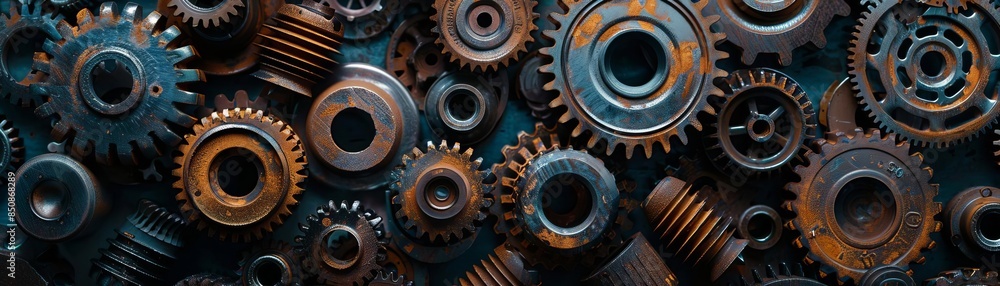 Close-up of rusty metal gears, cogs, and machinery parts. Close-up of rusty metal gears, cogs, and machinery parts.