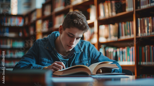 student learn library.use laptop.high school room.man reading a book in the library