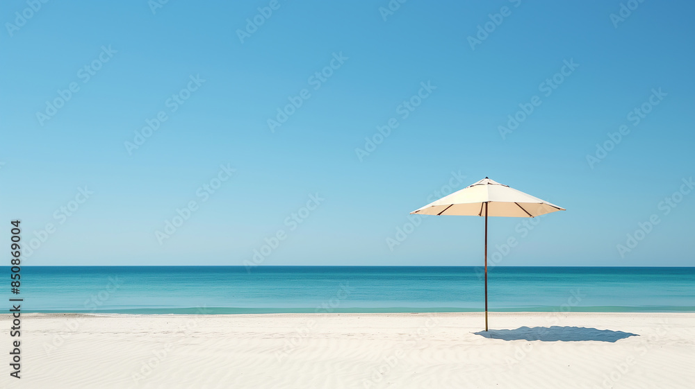 Summer Beach Day. A single beach umbrella casting a shadow on pristine white sand, with a clear blue sky overhead Summer Beach Day. A single beach umbrella casting a shadow on pristine white sand, with a clear blue sky overhead