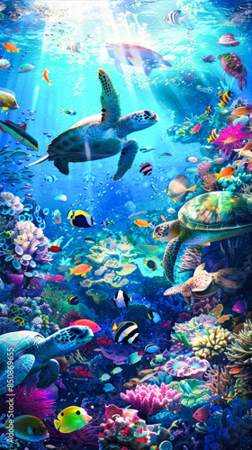 Underwater seascape with turtles and fish