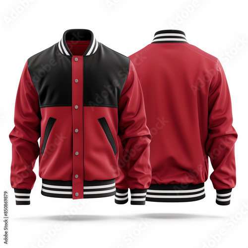Red and White Varsity Jacket Mockup with Letter "A" Patch, Front View, High-Quality PSD Format, Perfect for Custom Designs, Apparel Branding, T-Shirt Print, 4K Wallpaper, Mockup © Susana