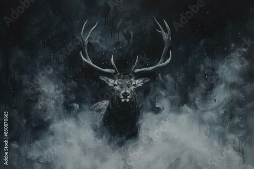 Artistic depiction of a noble stag with impressive antlers amid ethereal mist photo